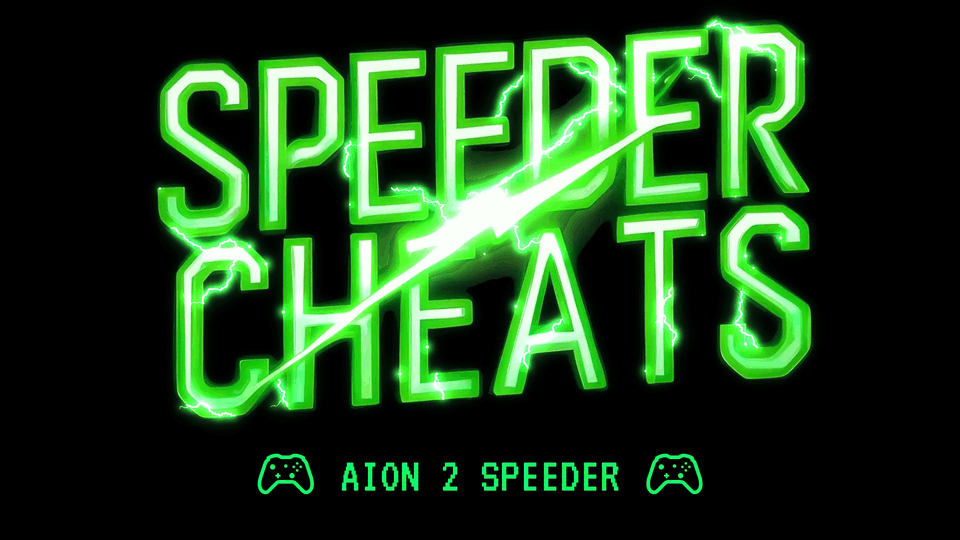 Neon green logo reading'SPEEDER CHEATS' with a diagonal slash, plus two gamepad icons and the subtitle'AION 2 SPEEDER'.